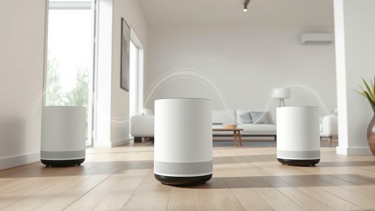 Multiple smart speakers in different rooms playing synchronized music, illustrating multi-room audio