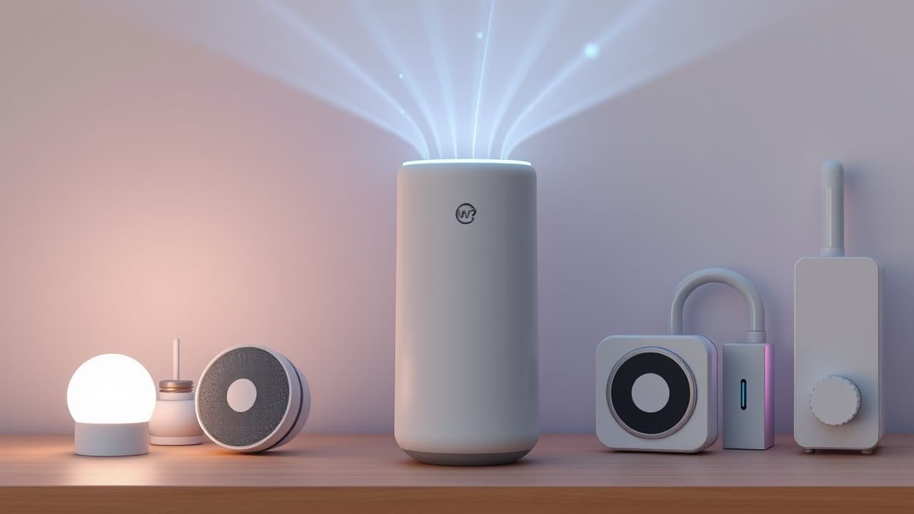 Smart speaker acting as a central hub controlling various smart home devices like lights and thermostat