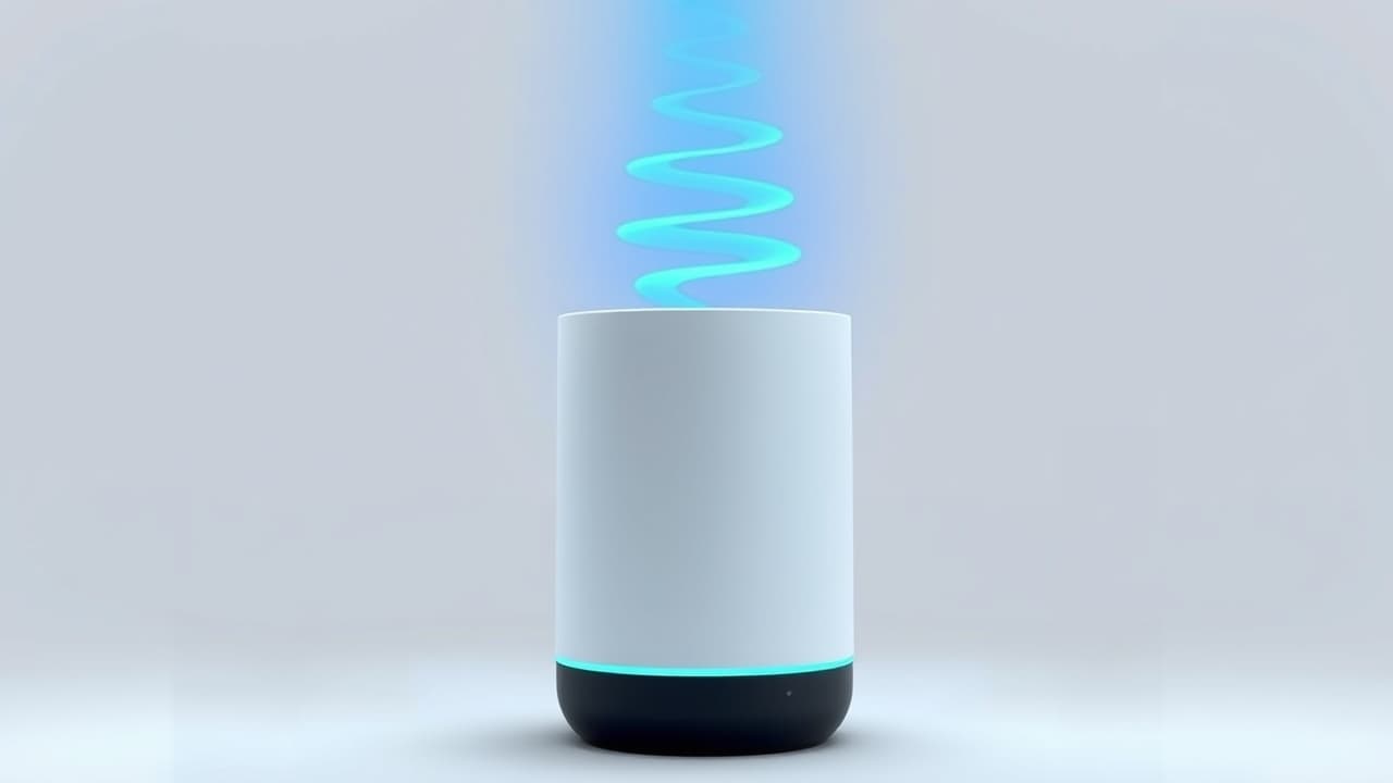 User interacting with a smart speaker via voice commands, showing sound waves