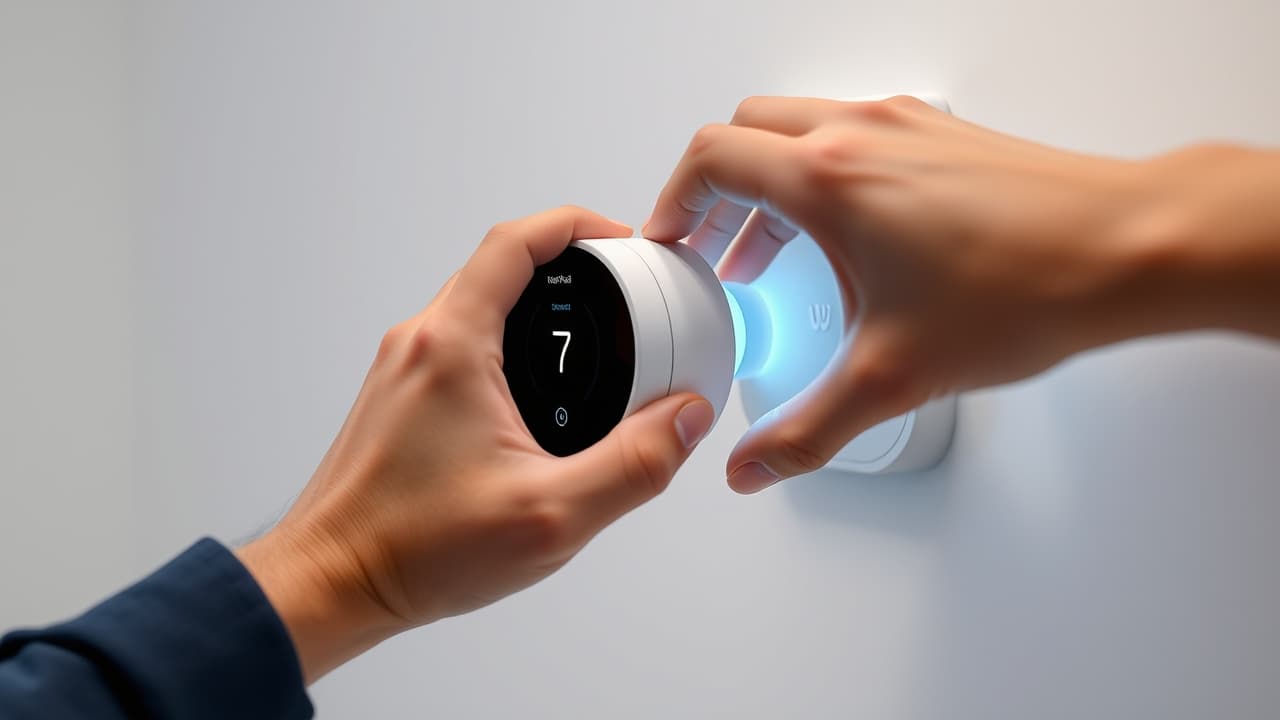 Hands following app-guided instructions to install a smart thermostat