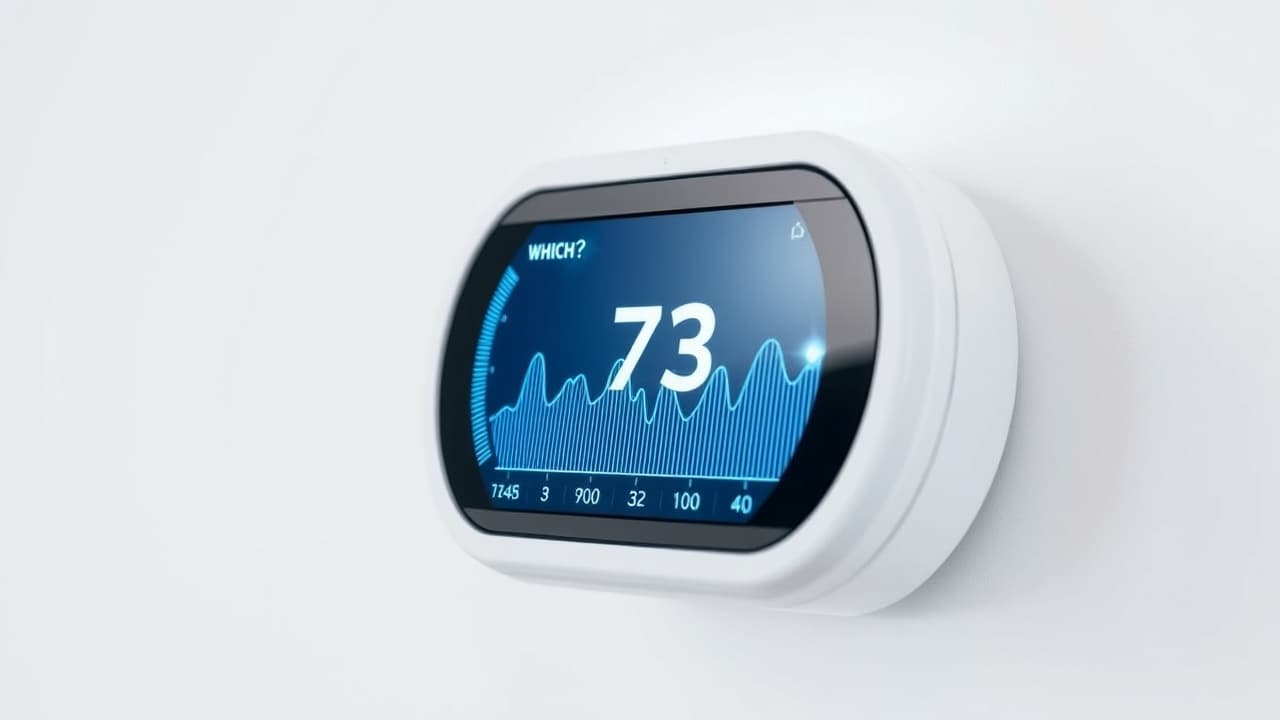 Smart thermostat display showing indoor air quality metrics and filter change alerts