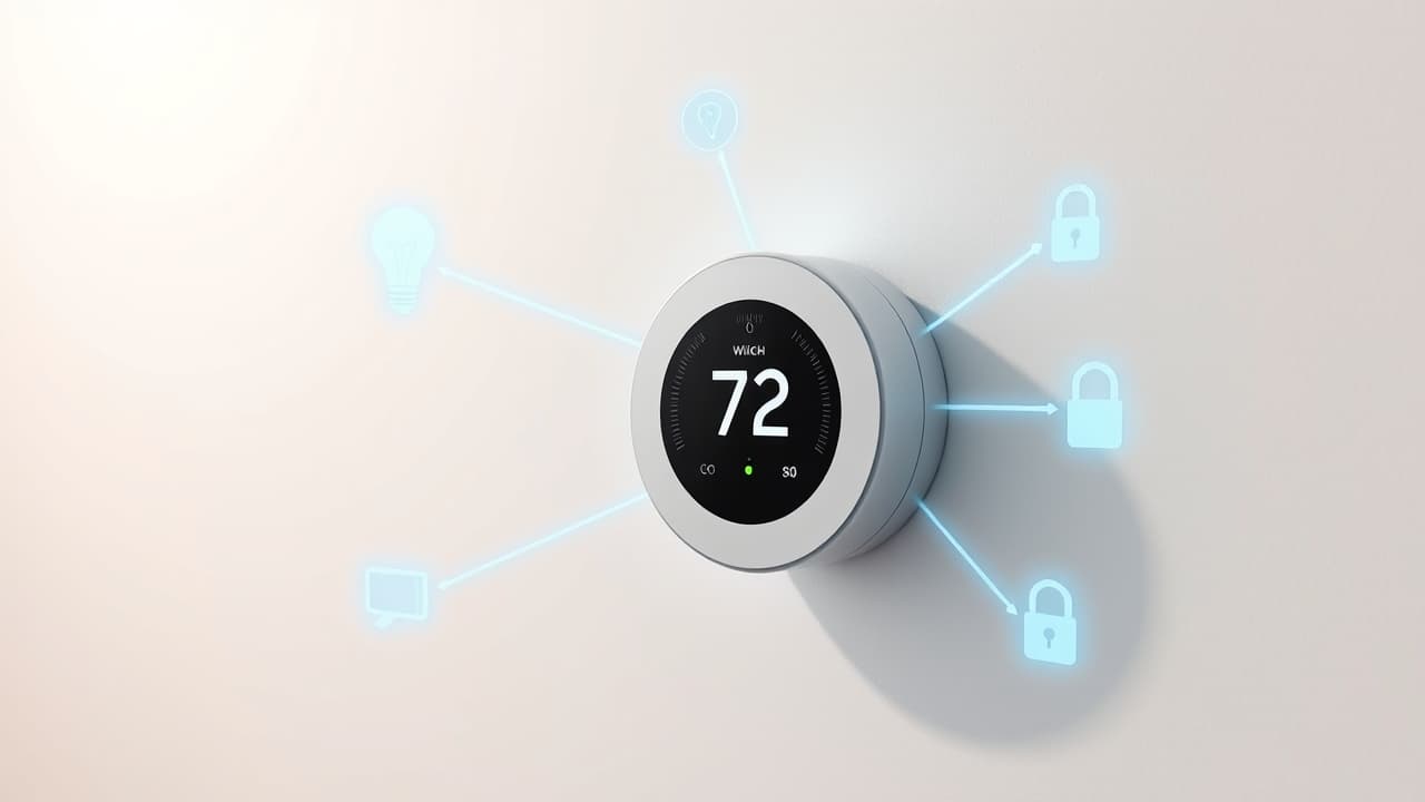 Diagram showing a smart thermostat connected to various smart home devices like voice assistants and lighting