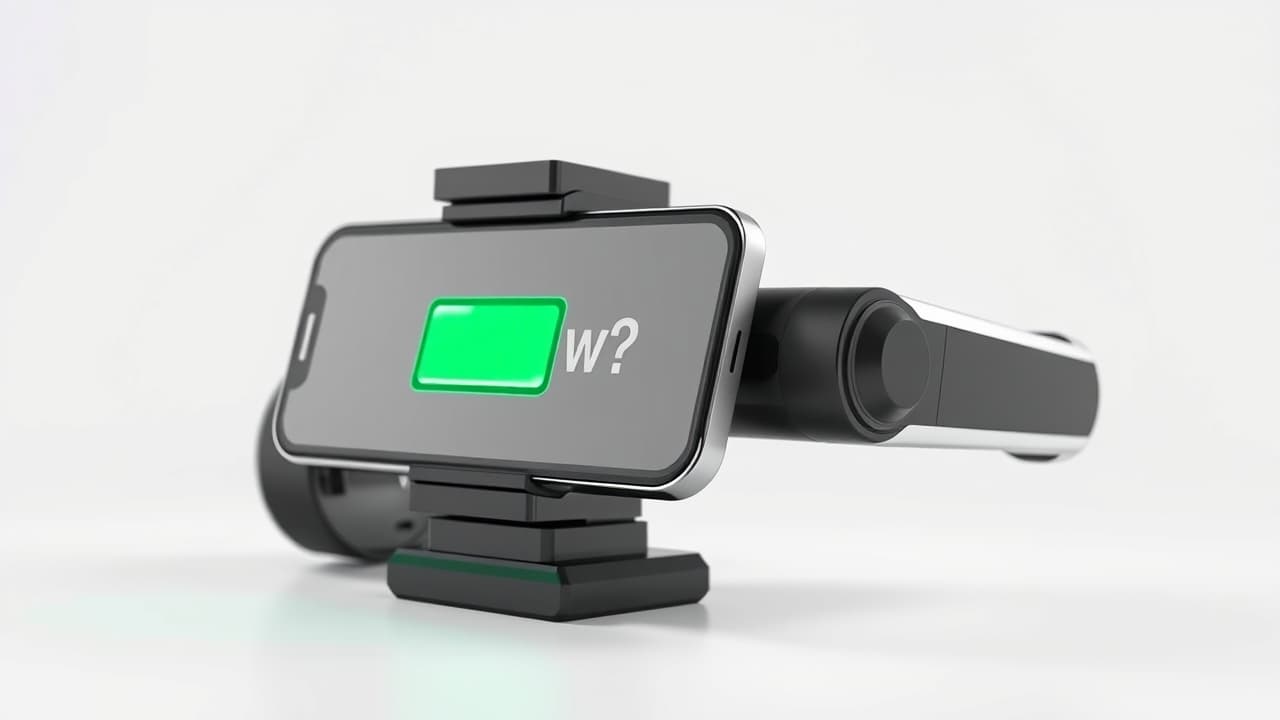 A smartphone gimbal connected to a charger, with battery life indicator