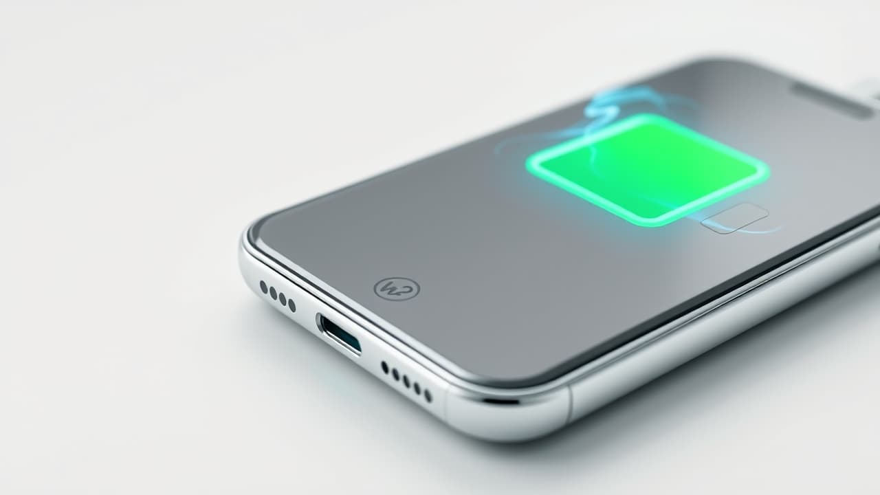Smartphone charging with a battery icon showing full charge