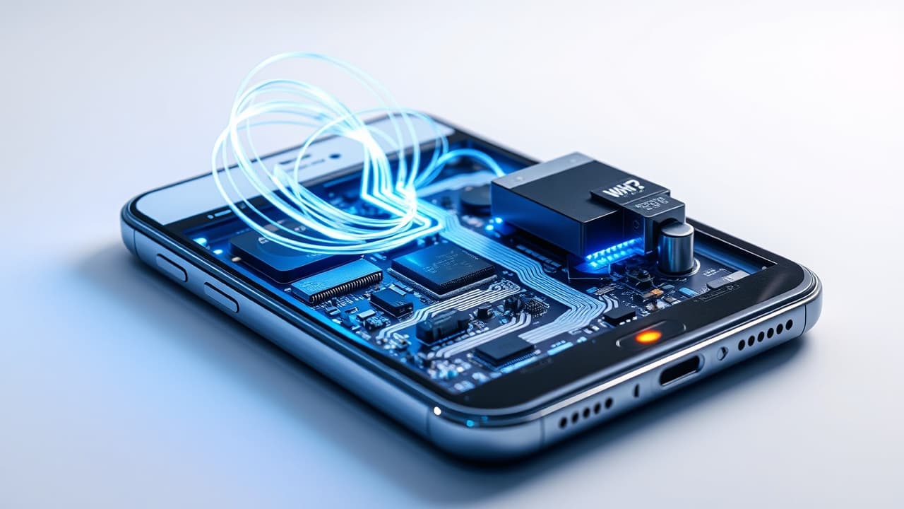 Processor chip with data flowing, representing smartphone performance
