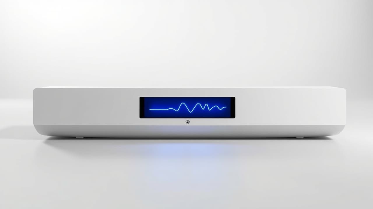 A soundbar with a small, clear digital display showing volume level and input source