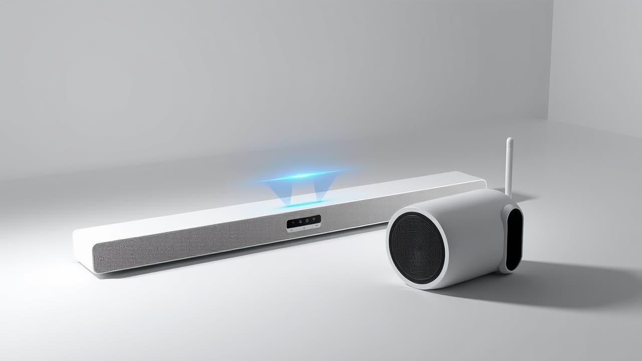 A soundbar with a separate wireless subwoofer and two small satellite speakers, illustrating expandability
