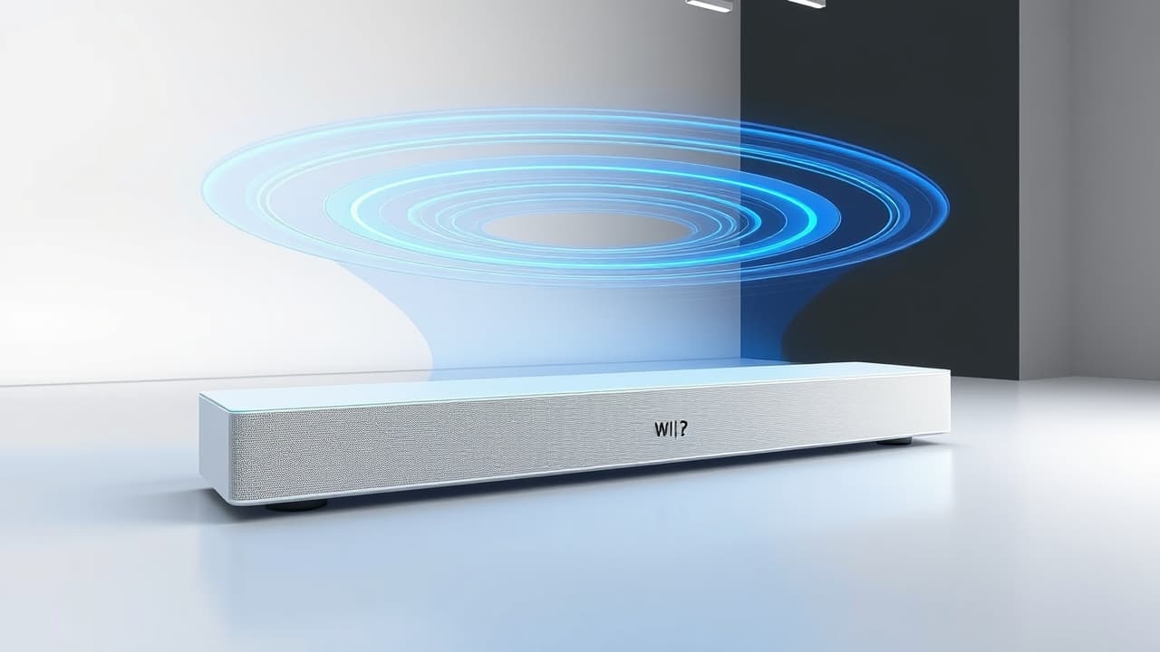 Sound waves expanding from a soundbar to fill a room, illustrating immersive audio