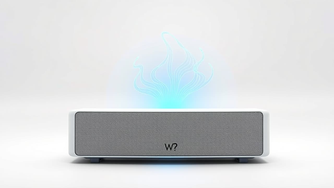 A soundbar with glowing light rings, symbolizing integrated voice assistants like Alexa or Google Assistant