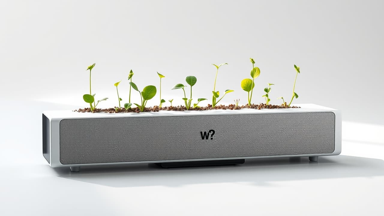 A soundbar made from recycled materials, with a green leaf symbol, representing eco-friendly design