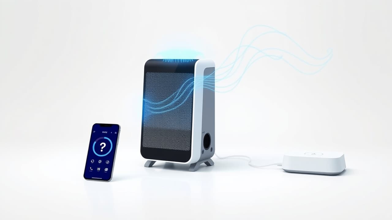 A smartphone screen showing a space heater app interface, with voice assistant icons