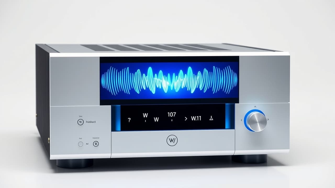 A modern stereo amplifier with a vibrant full-color touchscreen display showing controls
