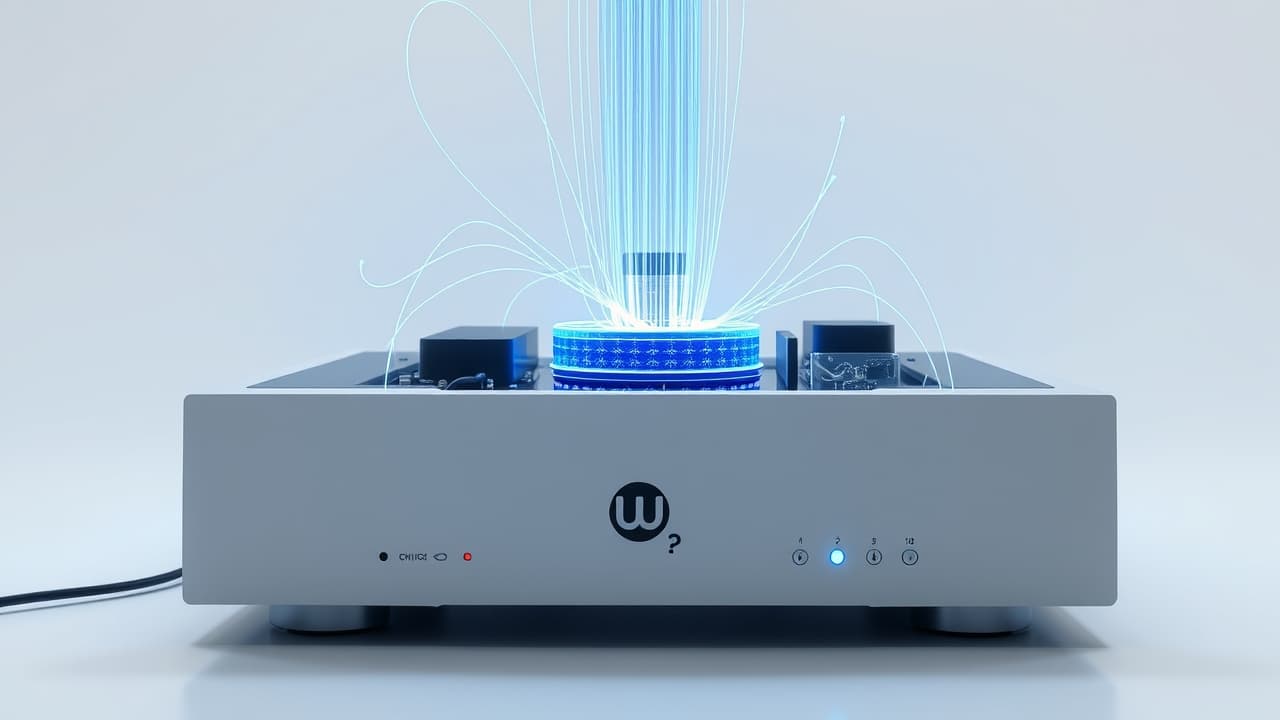 A stereo amplifier connected to a network via Wi-Fi signal icon and Ethernet cable