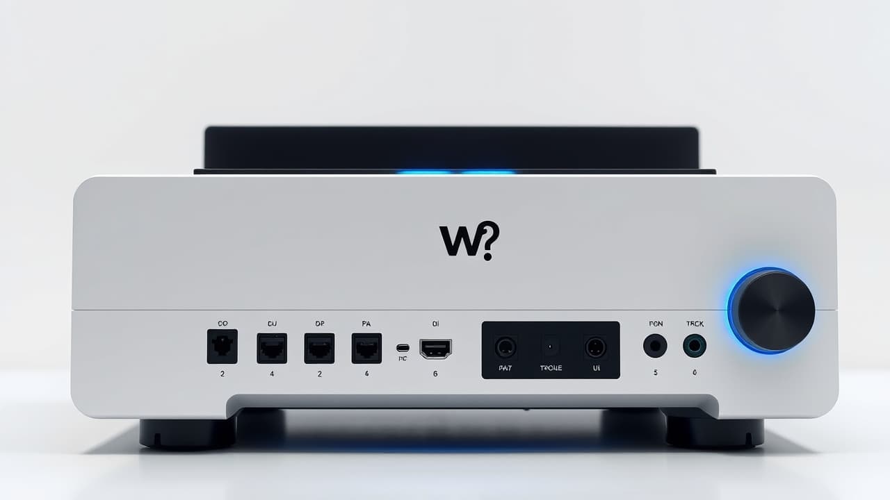 Rear panel of a stereo amplifier showing various input and output ports