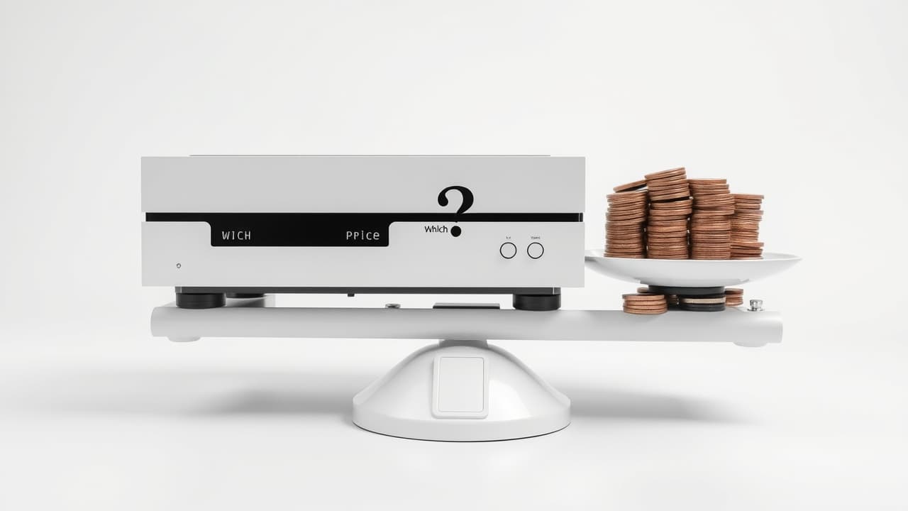 A stack of coins next to a stereo amplifier, symbolizing cost
