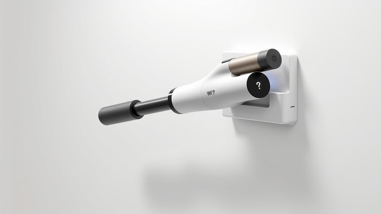 A sleek, self-standing stick vacuum in a compact corner, with a wall-mounted charging dock nearby.