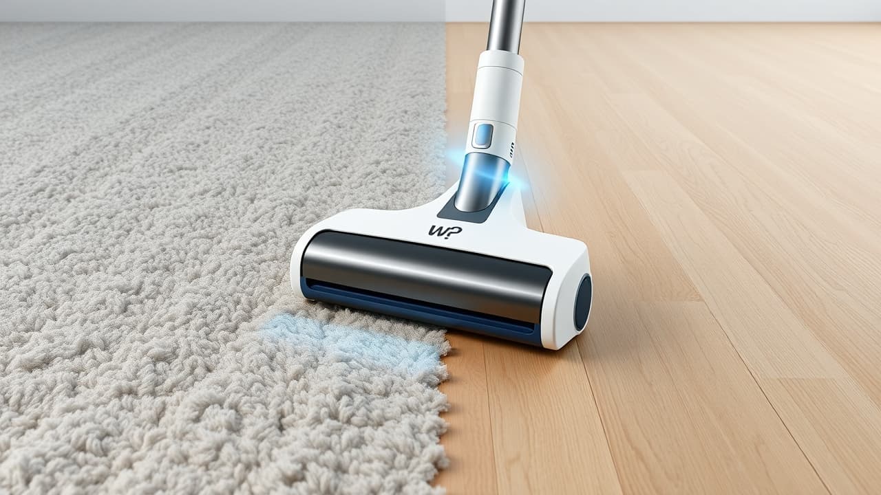 A stick vacuum cleaner transitioning smoothly between hardwood, tile, and carpeted surfaces, demonstrating multi-surface cleaning capability.