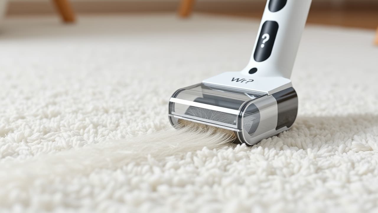 A stick vacuum effectively picking up pet hair from a carpeted surface, with a specialized pet tool attachment.