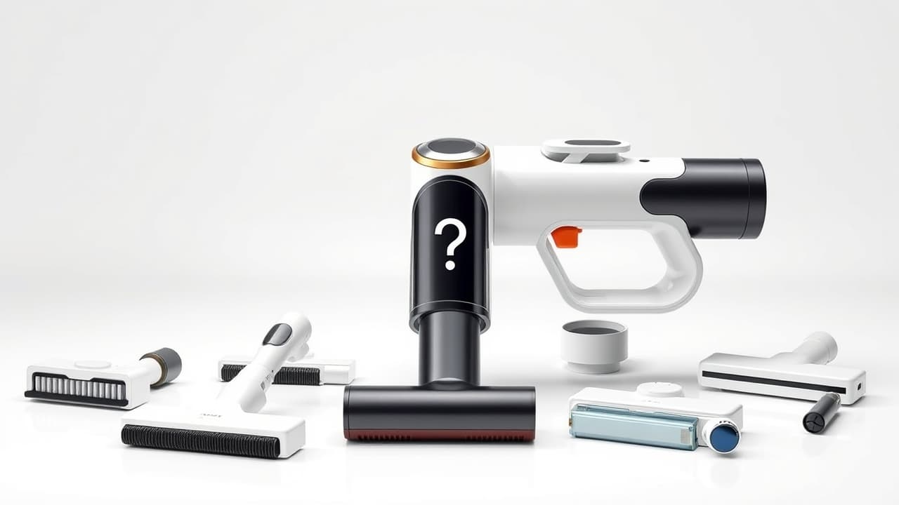 Various vacuum attachments laid out, including a crevice tool, dusting brush, pet hair tool, and a flexible extension wand.