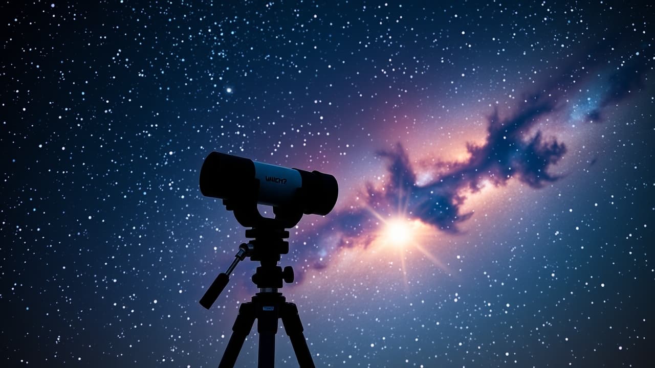 A person looking through a telescope with a sense of awe and wonder, connecting to the universe