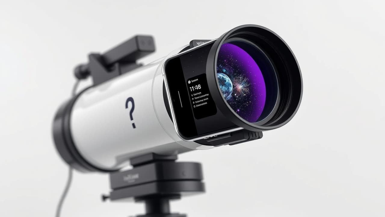 A smartphone attached to a telescope, displaying a star map or object location guide for easy navigation