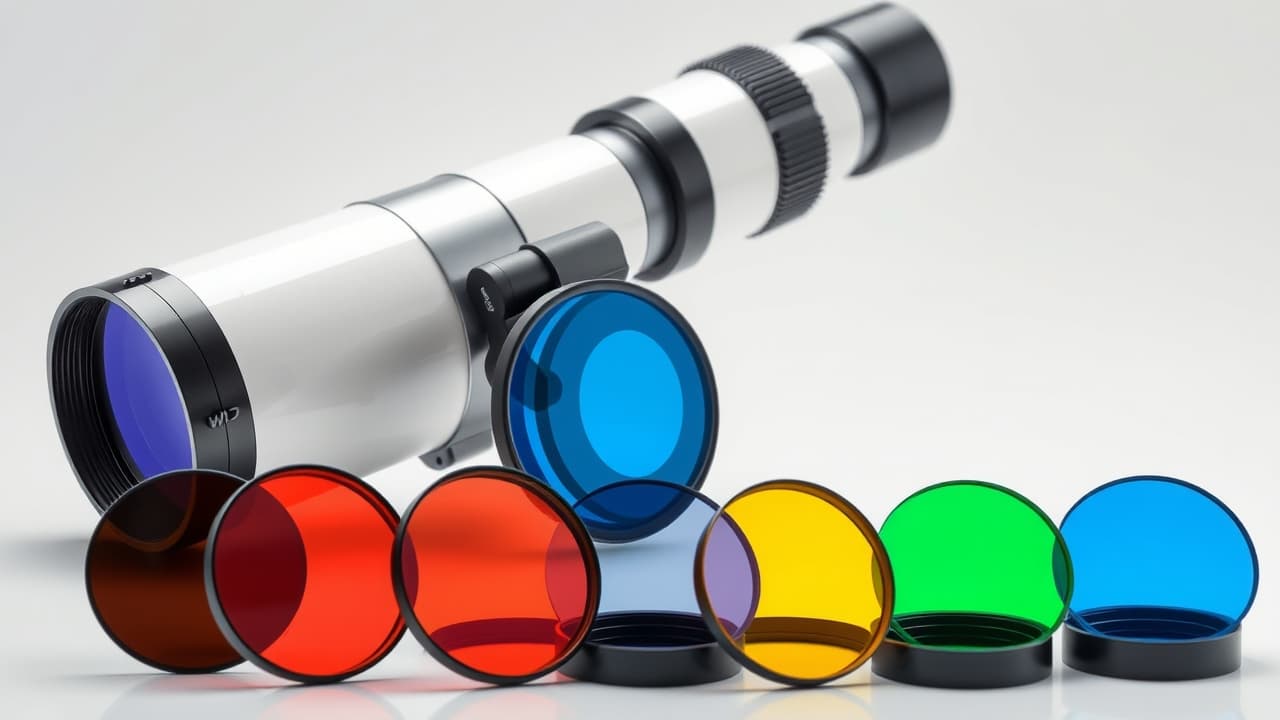 Various telescope filters, including moon filters and light pollution filters, for enhancing celestial views