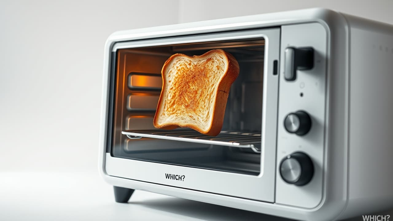 Toaster oven evenly browning toast and baking a small cake, showcasing consistent heating
