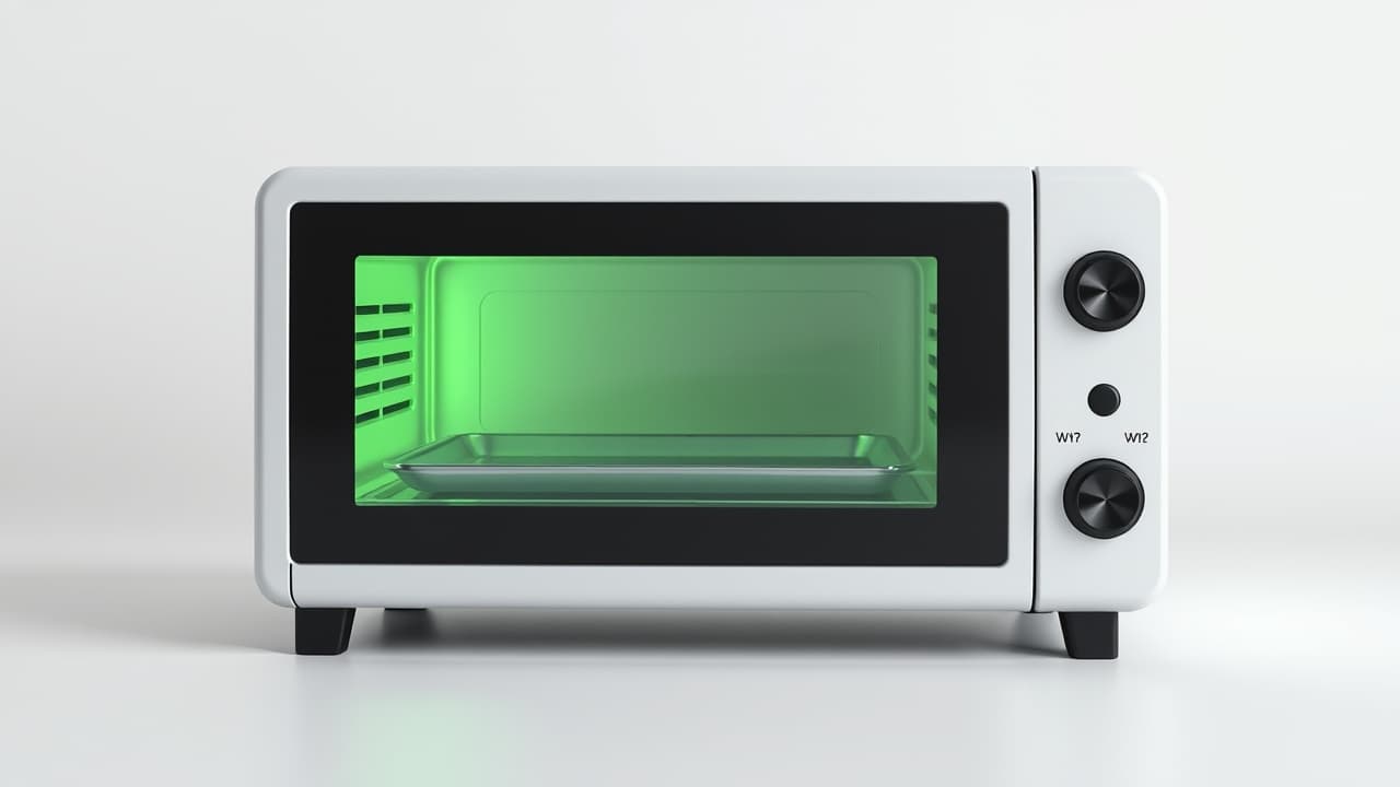 Toaster oven with an energy-saving leaf icon, indicating low power consumption