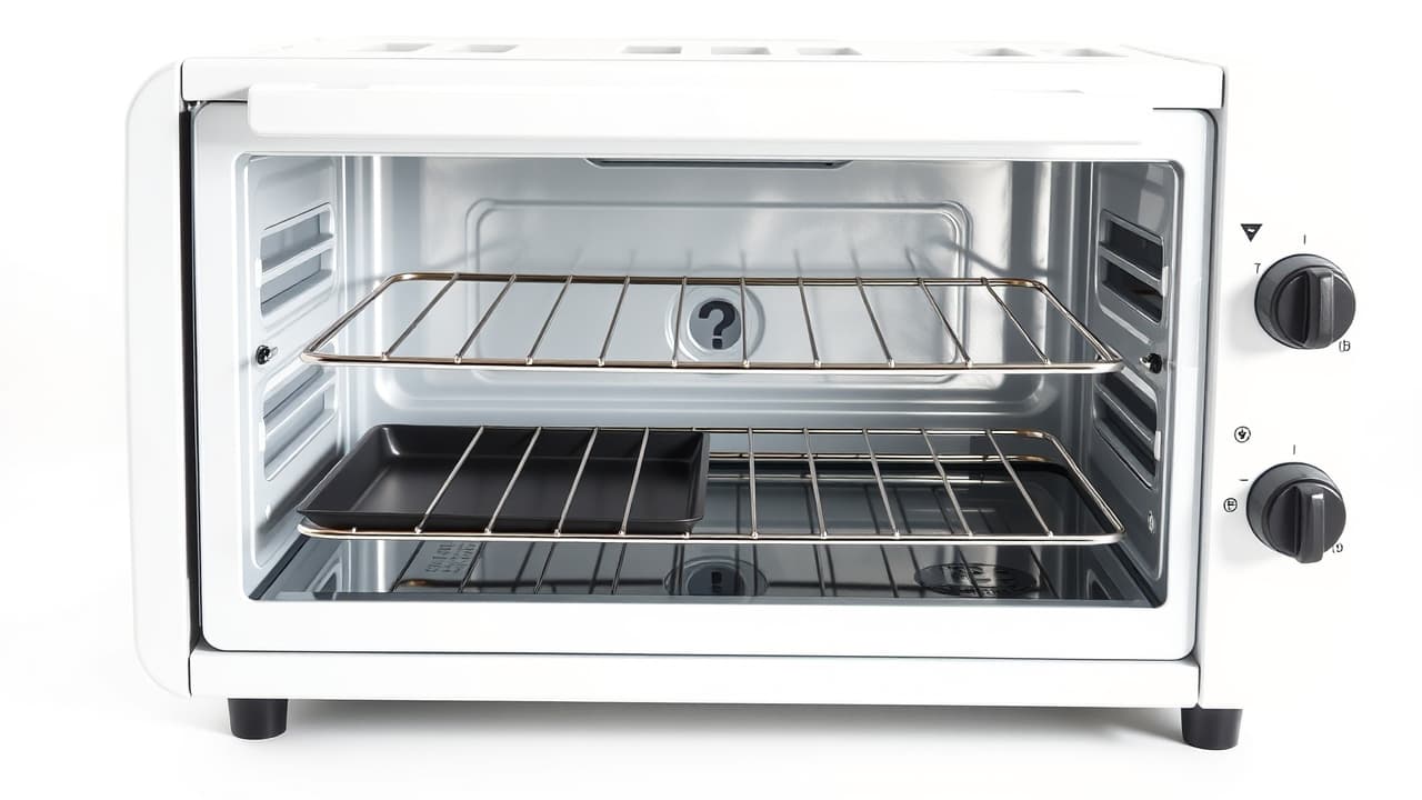 Toaster oven interior with multiple rack positions and various accessories like a baking pan and air fry basket