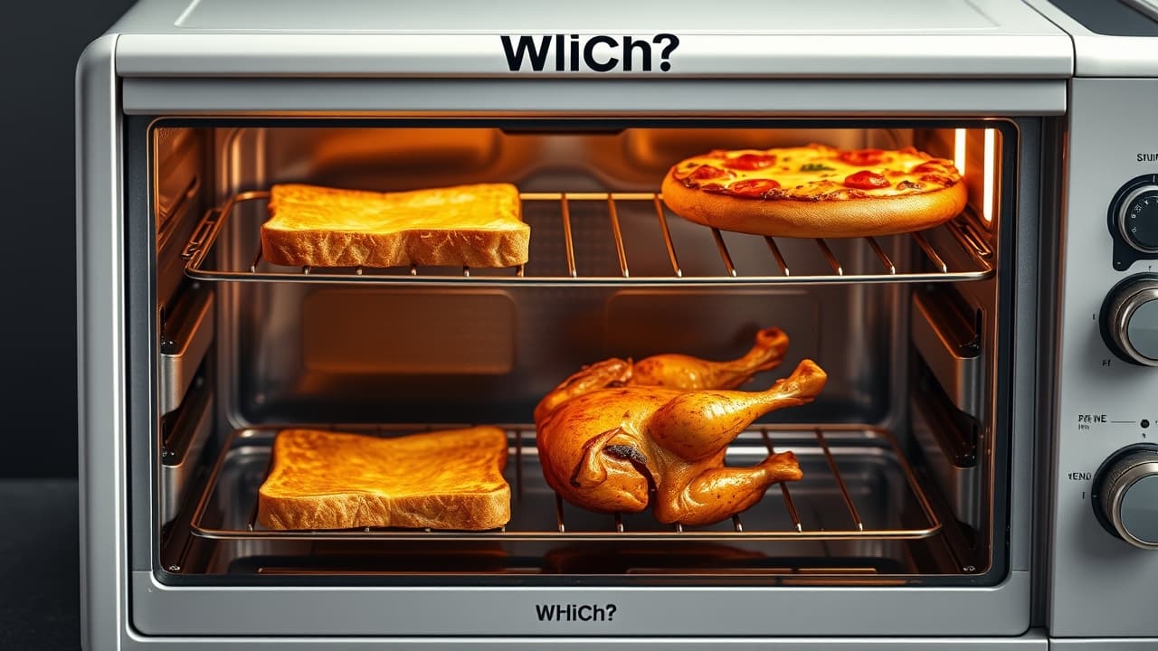 Toaster oven displaying multiple function icons like toast, bake, broil, air fry, and dehydrate