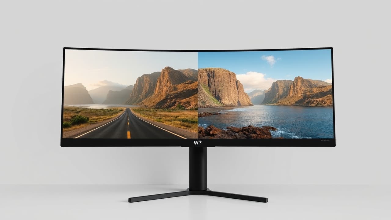 Illustration of different ultrawide monitor aspect ratios like 21:9 and 32:9
