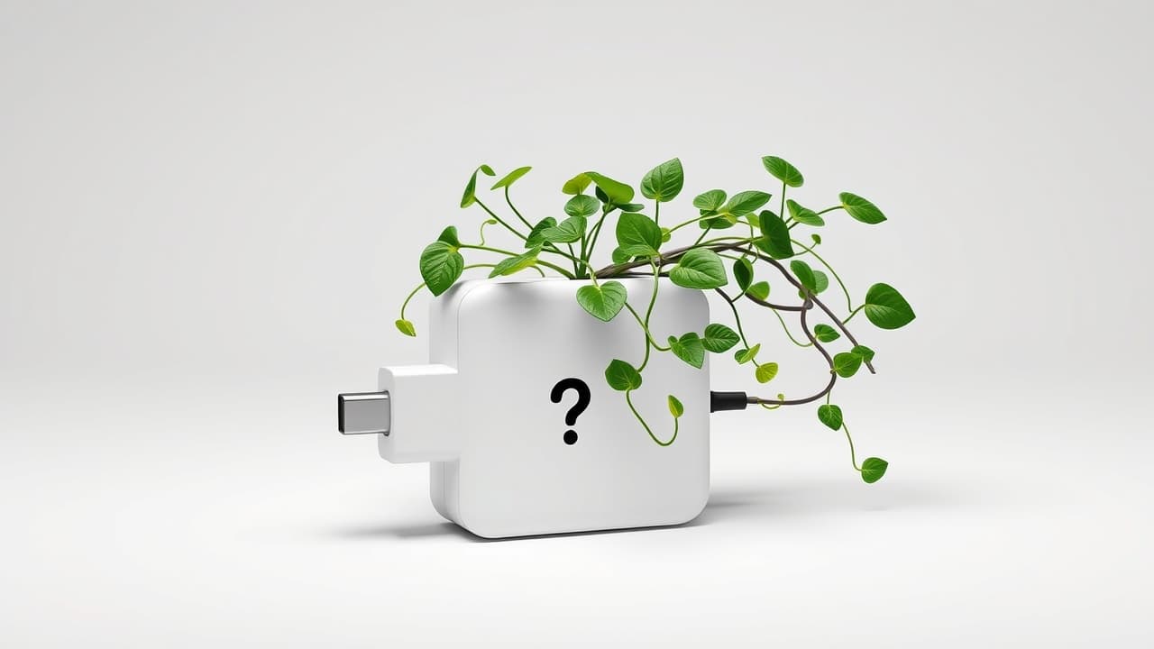A USB-C charger with a leaf icon, symbolizing eco-friendly design and reduced electronic waste