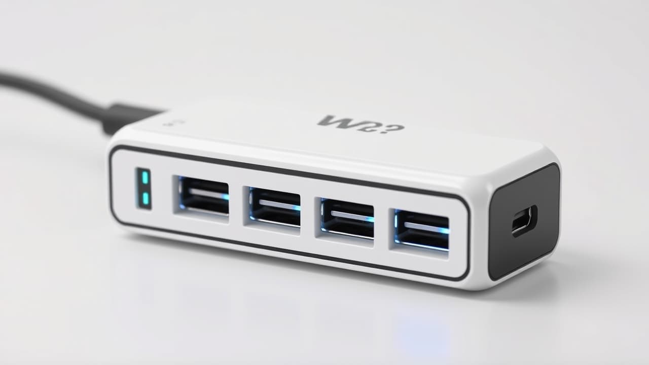 A multi-port USB-C charger with several USB-C and USB-A ports charging a laptop, phone, and tablet simultaneously