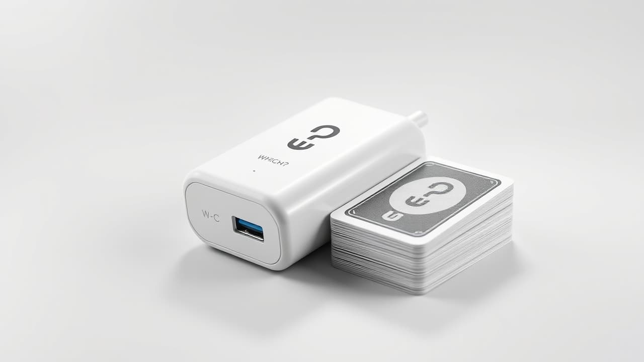 A compact USB-C laptop charger with foldable prongs next to a larger, traditional laptop charger for comparison