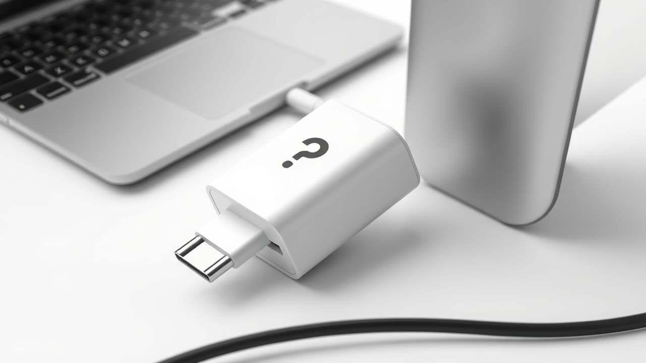 A sleek, compact white USB-C charger plugged into a wall outlet, blending seamlessly into the environment