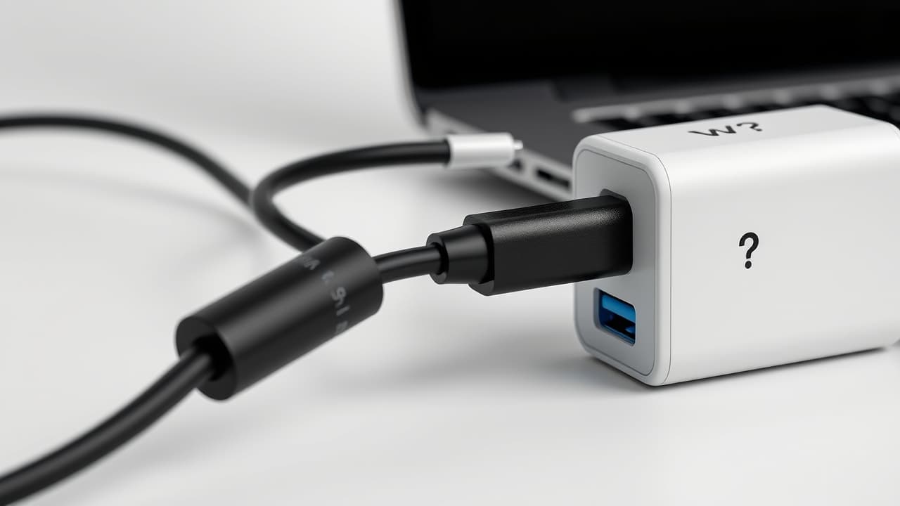 A diagram showing various devices (laptop, phone, tablet) connecting to a universal USB-C charger, with different USB-C cable types