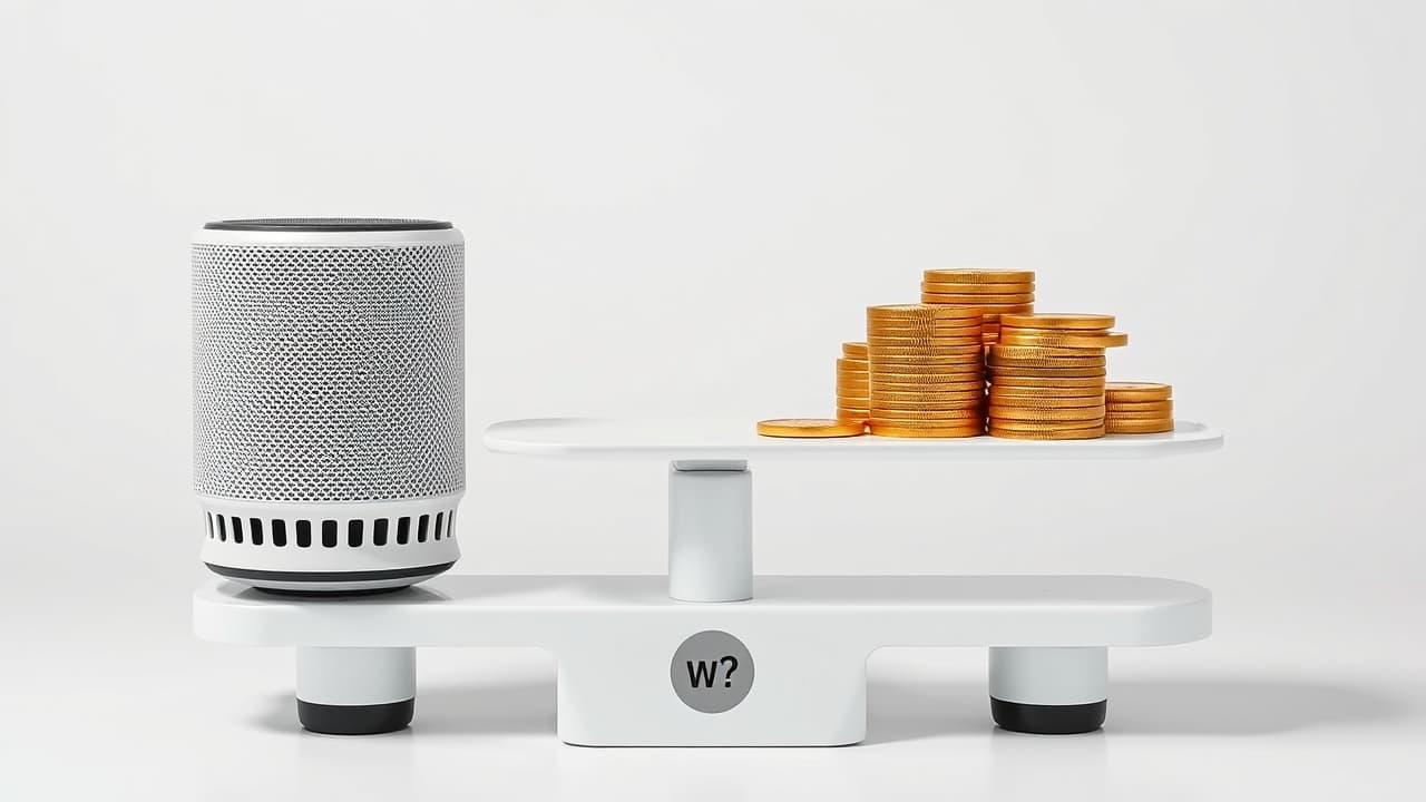 A hand holding a wireless speaker with price tags floating around it, symbolizing the balance between cost and features.