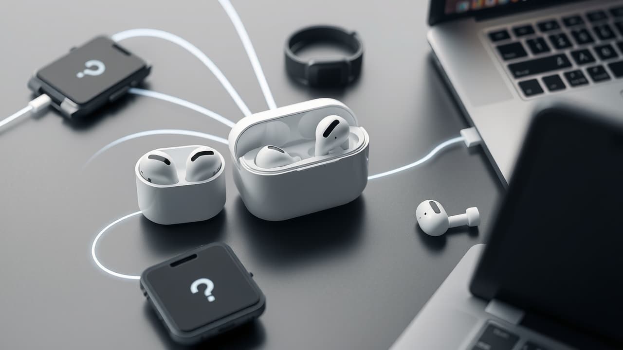 Wireless earbuds seamlessly connecting with multiple devices like a phone and tablet