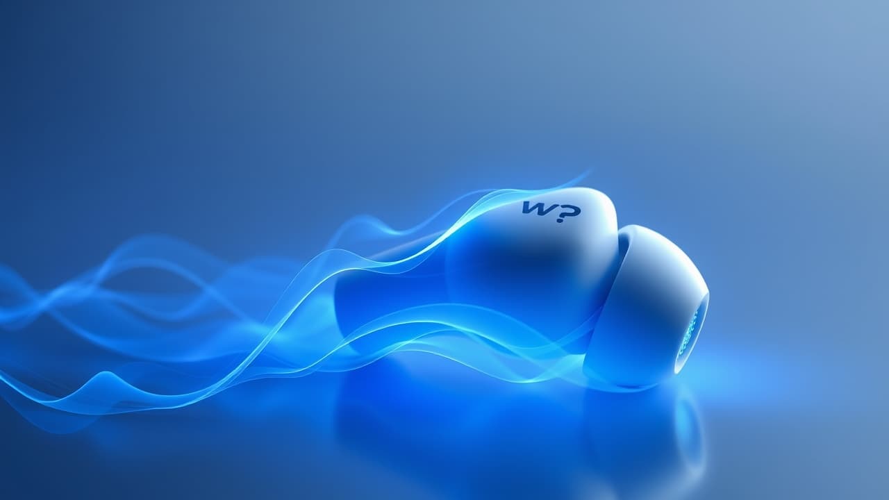 Wireless earbuds with a sound wave illustrating noise cancellation