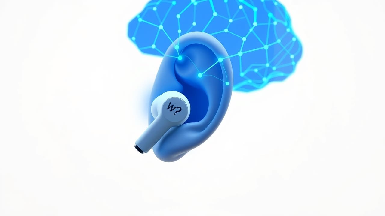 Wireless earbuds with glowing AI brain icon, representing smart features