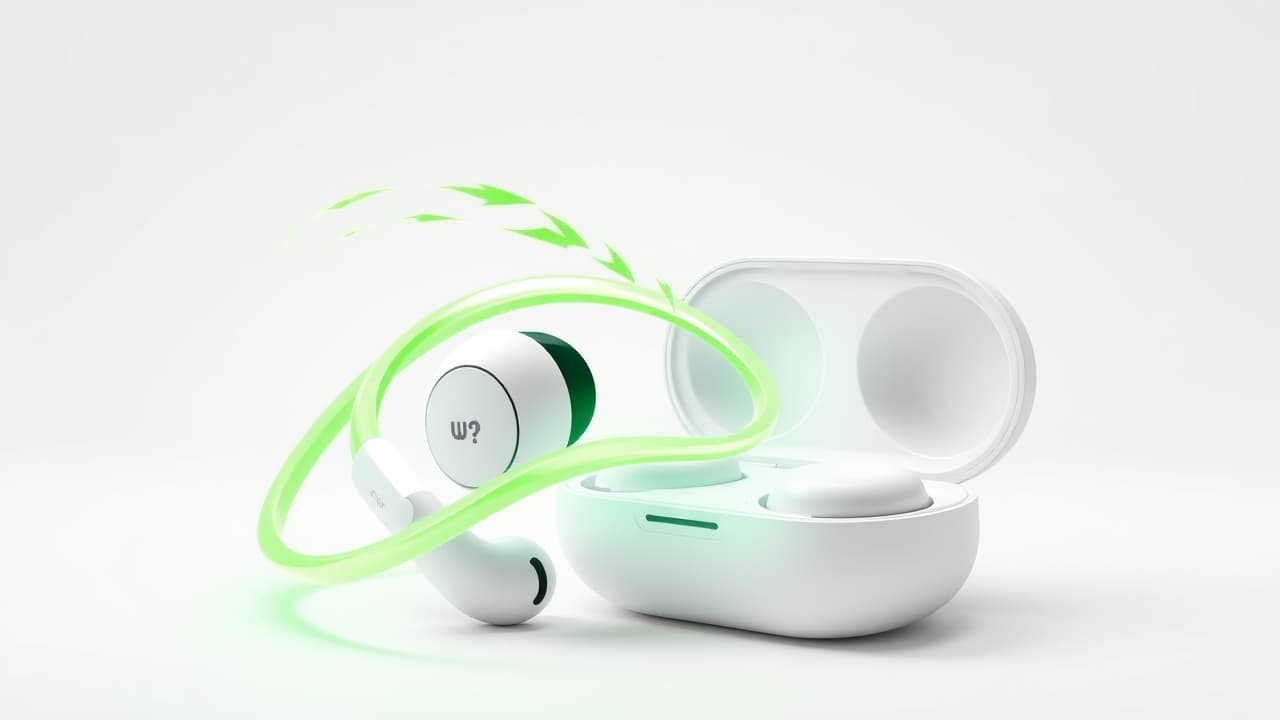 Battery icon with charging cable next to wireless earbuds and over-ear headphones, representing long battery life