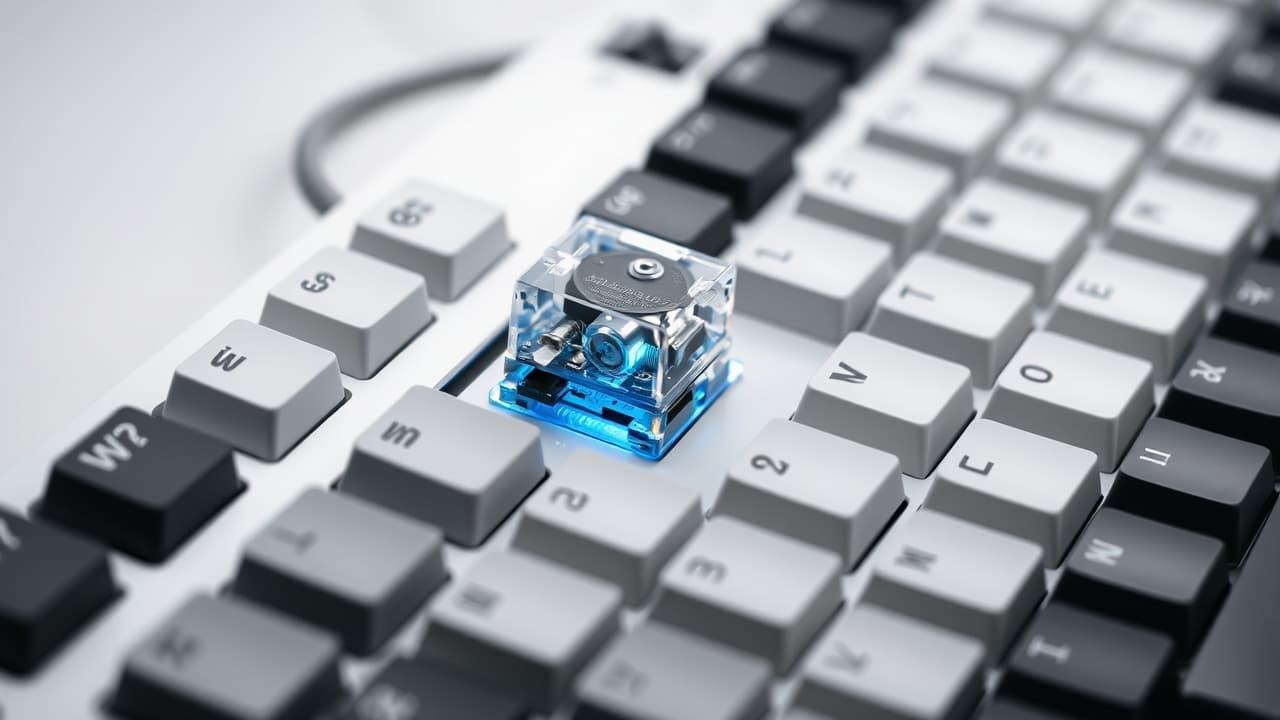Close-up of different keyboard key switches: mechanical, membrane, and scissor-switch