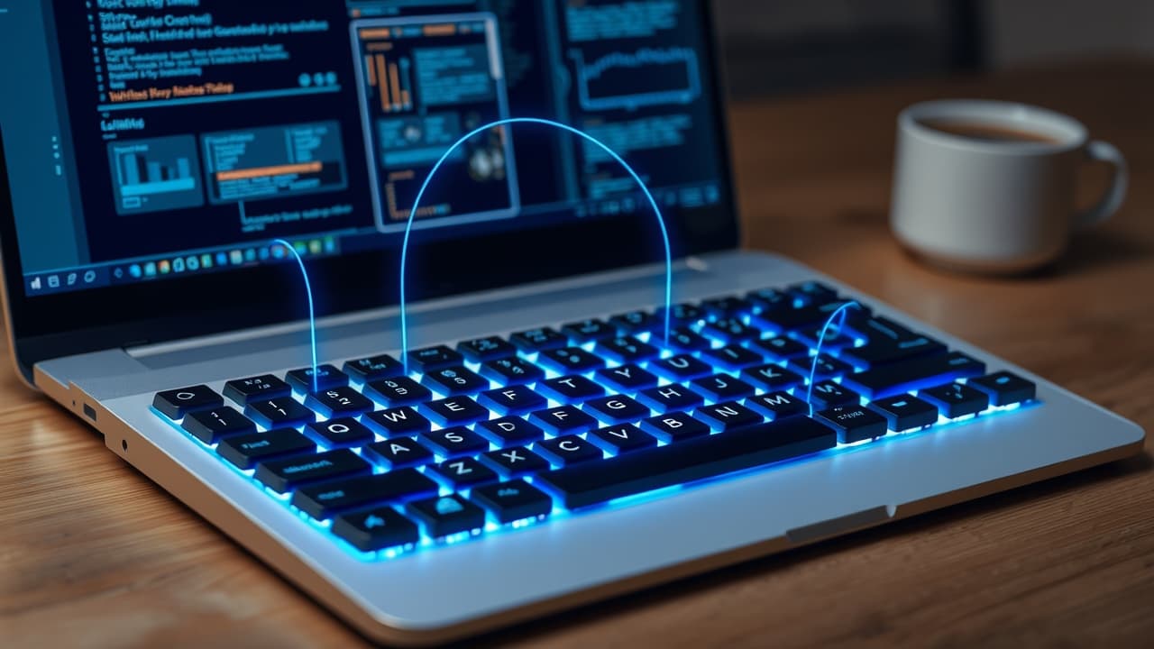 Hand pressing a macro key on a gaming keyboard with custom functions