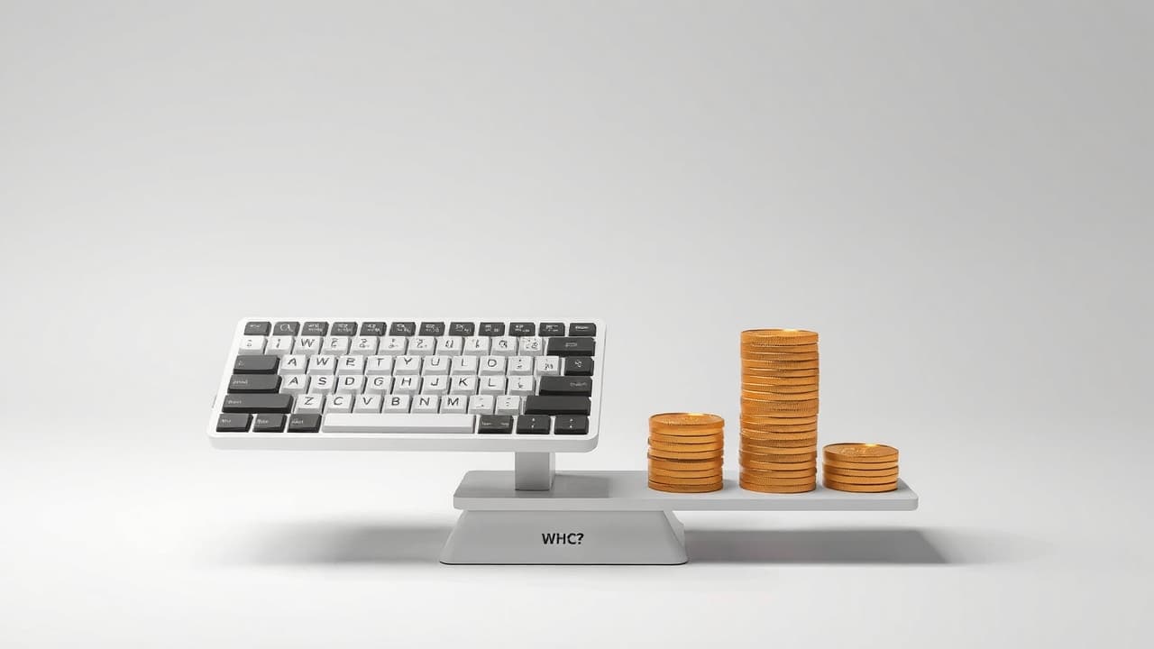 Stack of coins next to a wireless keyboard, symbolizing cost