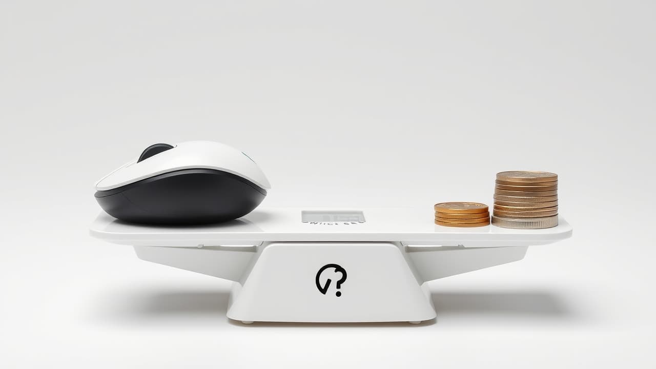 Stack of coins next to a wireless mouse, representing cost