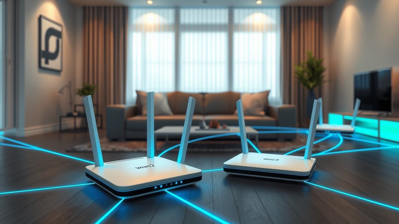 Three interconnected Wi-Fi mesh nodes creating a seamless network across a house, eliminating dead zones