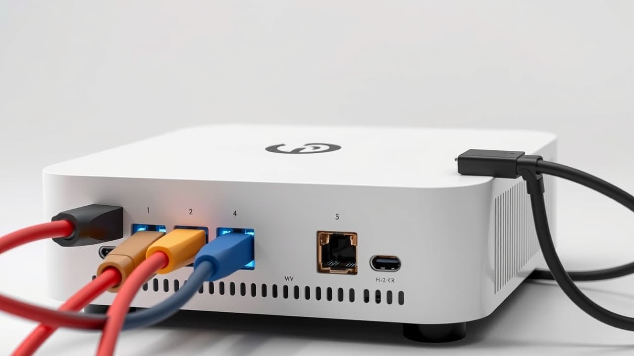 Close-up of a router's back panel showing multiple Ethernet and USB ports, highlighting wired connectivity options