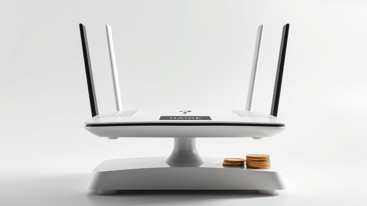 Stack of coins and dollar bills next to a wireless router, representing the cost factor