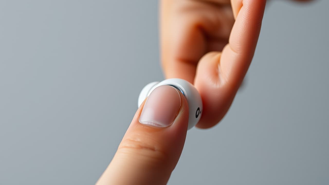 A finger interacting with earbud controls, showing both physical buttons and touch sensors for managing audio