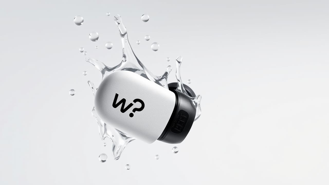 Water droplets beading on the surface of a waterproof earbud, indicating high water resistance